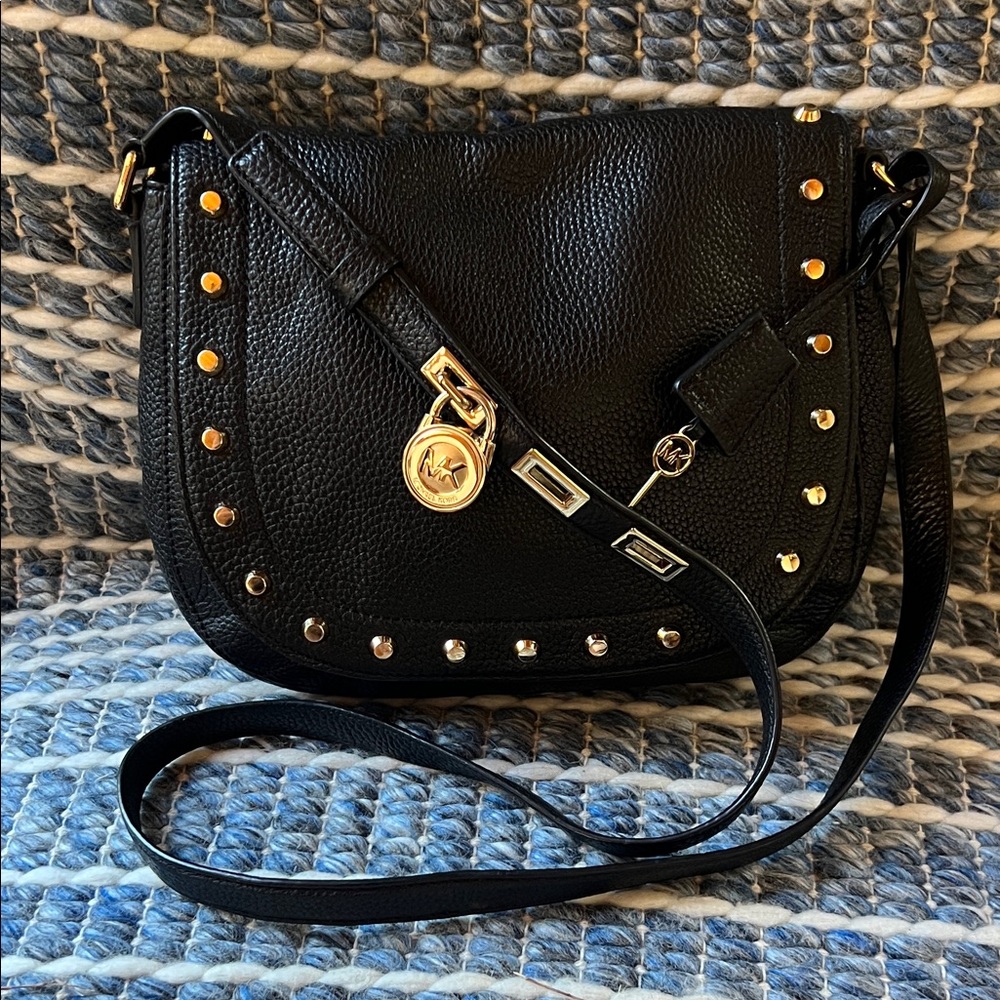 Michael Kors Black Leather Crossbody Bag with Gold Studs